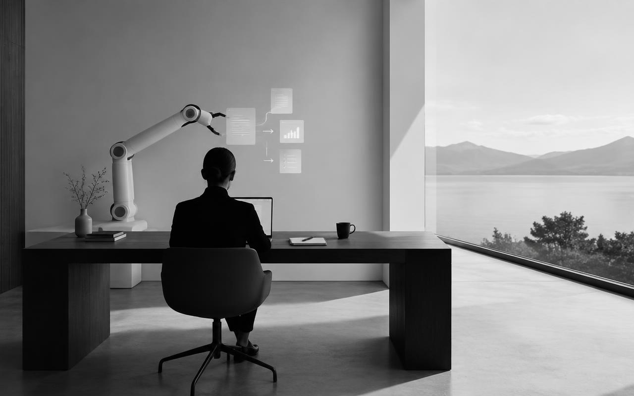 Personne de dos travaillant à un bureau épuré