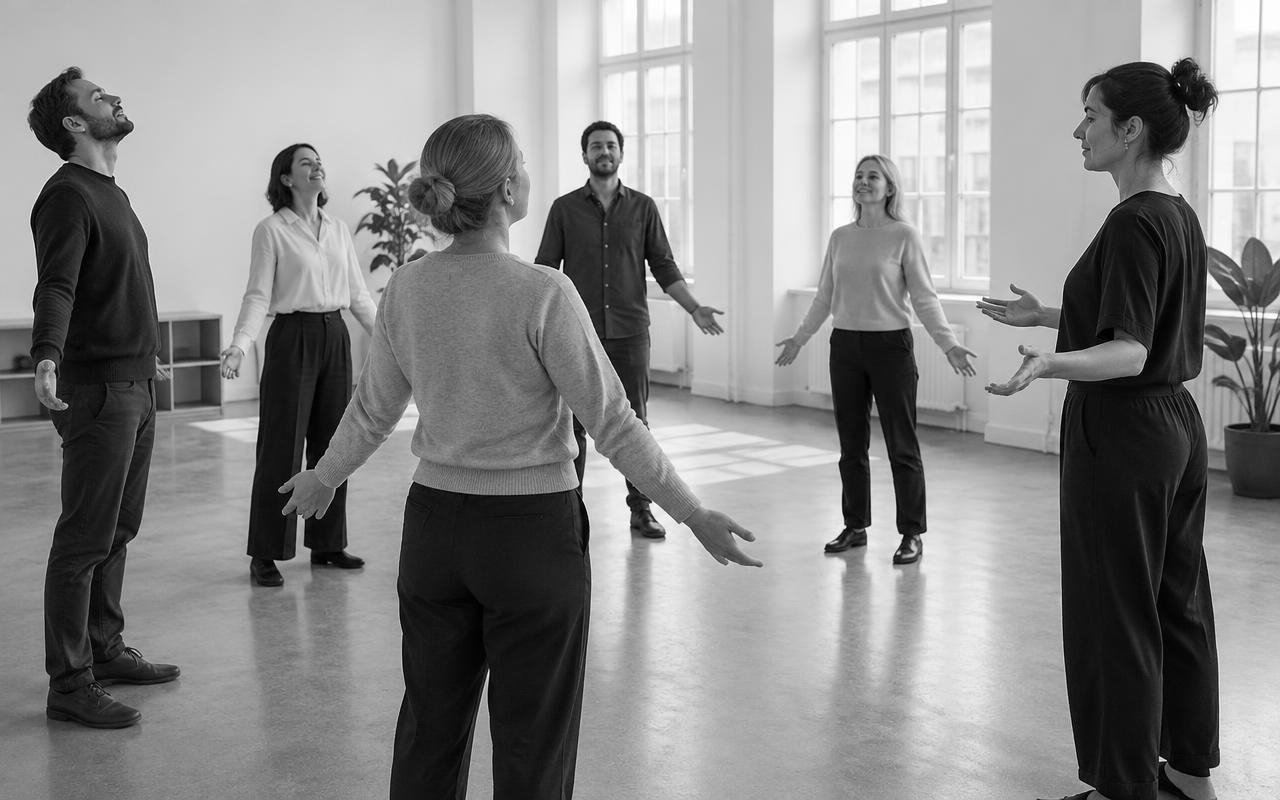 Petit groupe en mouvement lors d’un atelier sportif, dans une salle sobre et lumineuse