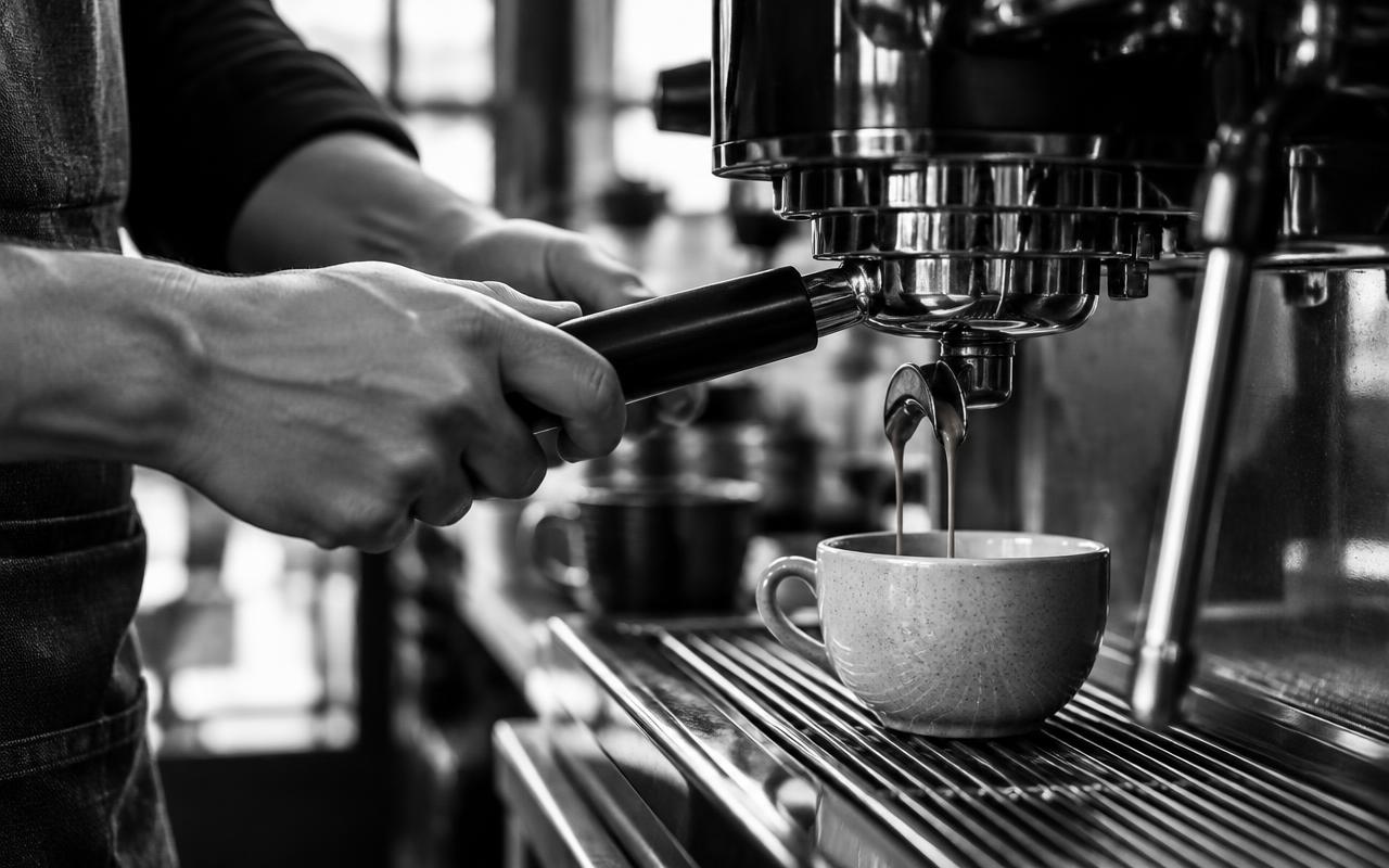 Mains préparant un espresso sur une machine professionnelle