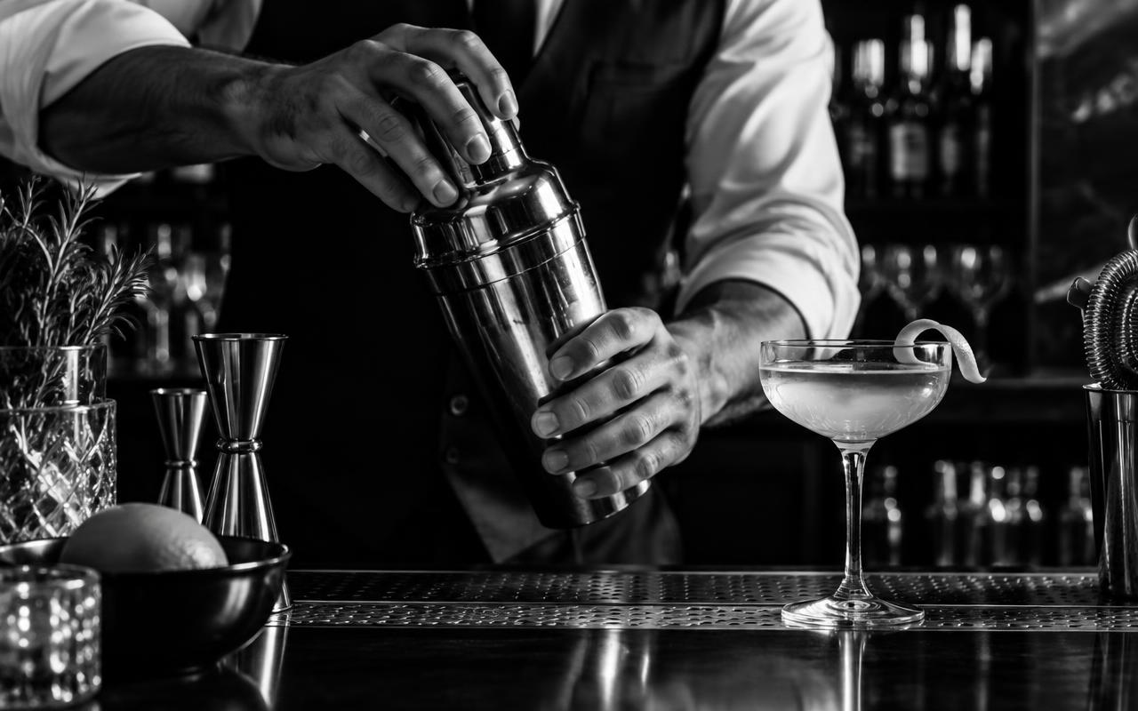 Mains de bartender travaillant au shaker devant un verre