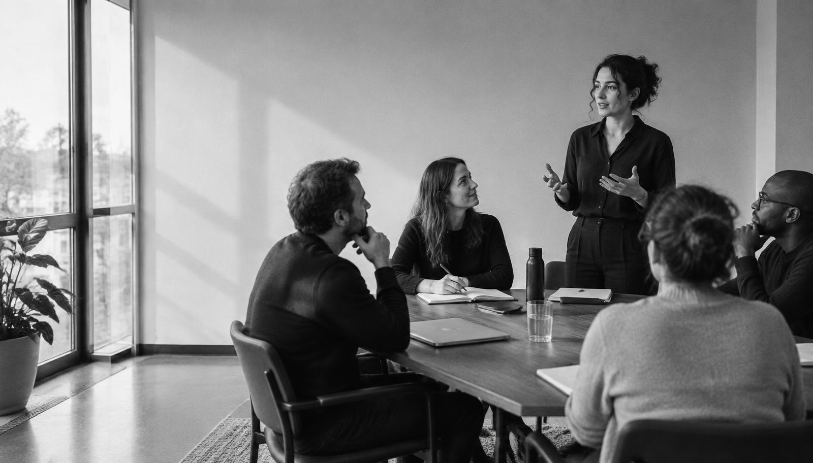 Session de formation professionnelle : une participante présente devant un petit groupe, son formateur l’écoute