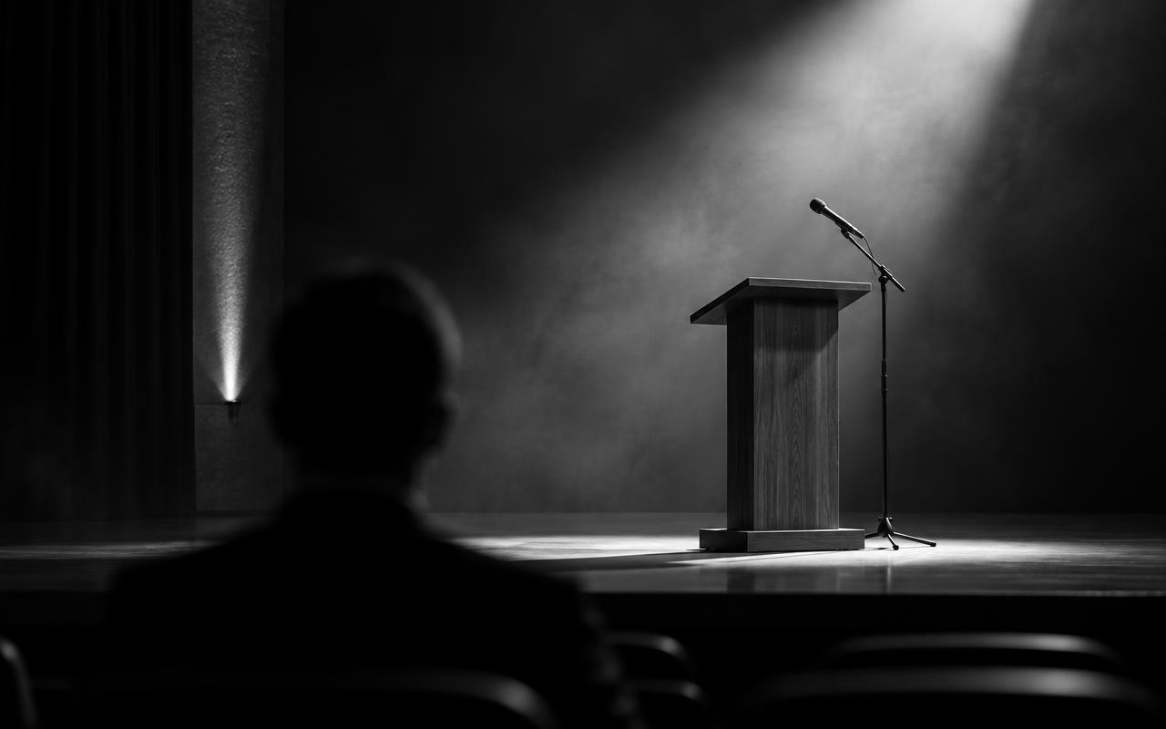 Scène de conférence en noir et blanc avec pupitre et micro sous un projecteur