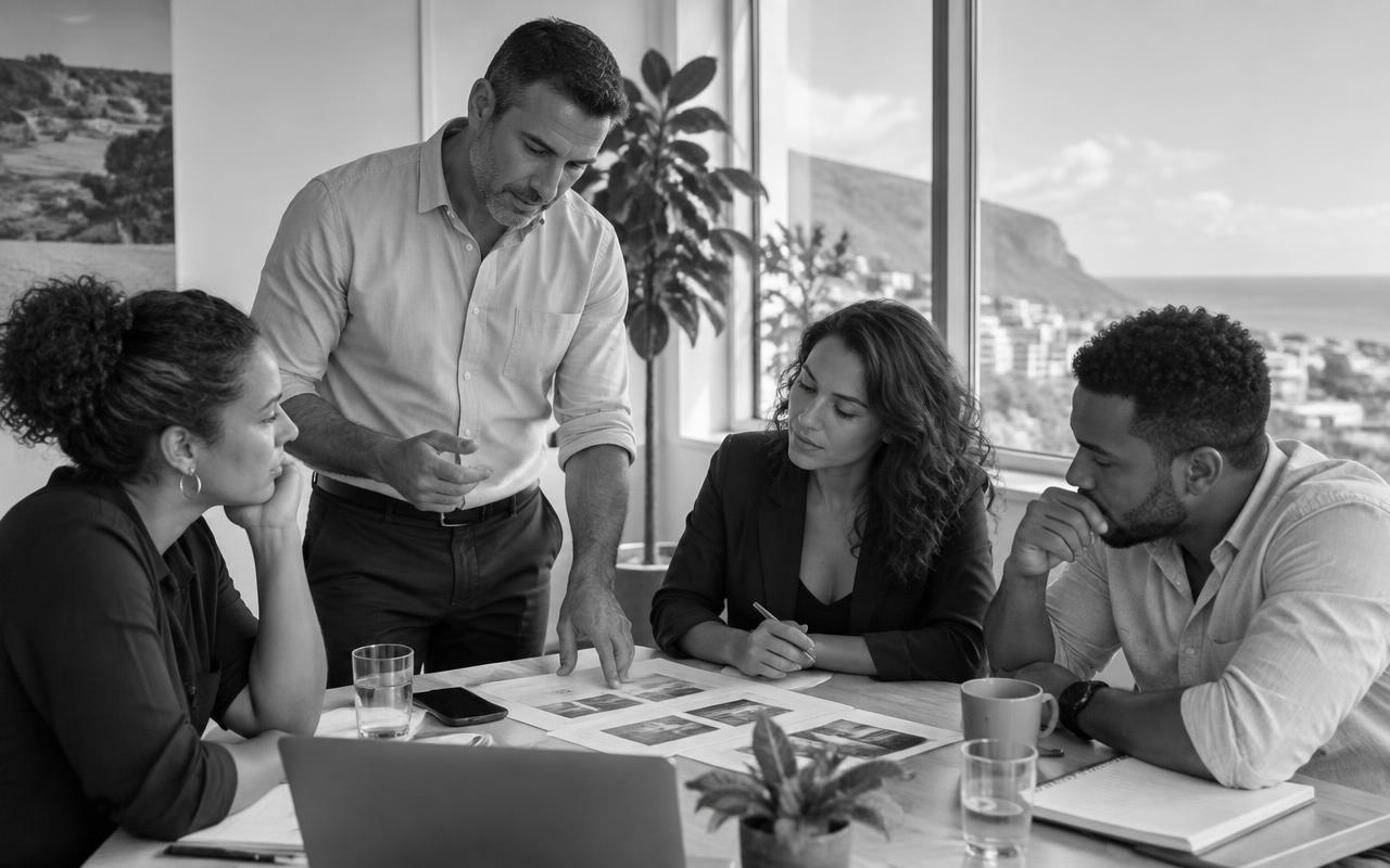 Équipe en réunion de travail autour d’une proposition, accompagnée par un intervenant